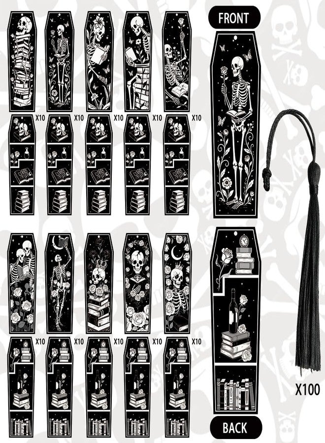 AWEELON 100Pcs Halloween Skeleton Coffin Bookmarks, Gothic Double-Sided Bookmarks with Black Tassels for Halloween Party Game Prize Gift Goodie Bag Filler Reading Enthusiasts Classroom Reward Supplies - Image 3