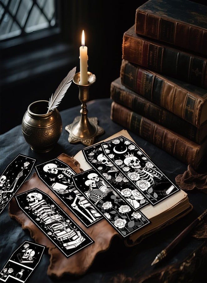 AWEELON 100Pcs Halloween Skeleton Coffin Bookmarks, Gothic Double-Sided Bookmarks with Black Tassels for Halloween Party Game Prize Gift Goodie Bag Filler Reading Enthusiasts Classroom Reward Supplies - Image 4