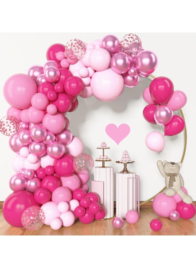 فَرَحُوم طقم قوس بالونات وردي 149 قطعة، بأحجام مختلفة (18، 12، 10، 5 بوصات) بالونات لاتكس وردية، معدنية وكونفيتي وردي لحفلات عيد الميلاد، الأميرات، الزفاف، التخرج، استحمام الطفل والديكورات الخاصة - Image 1