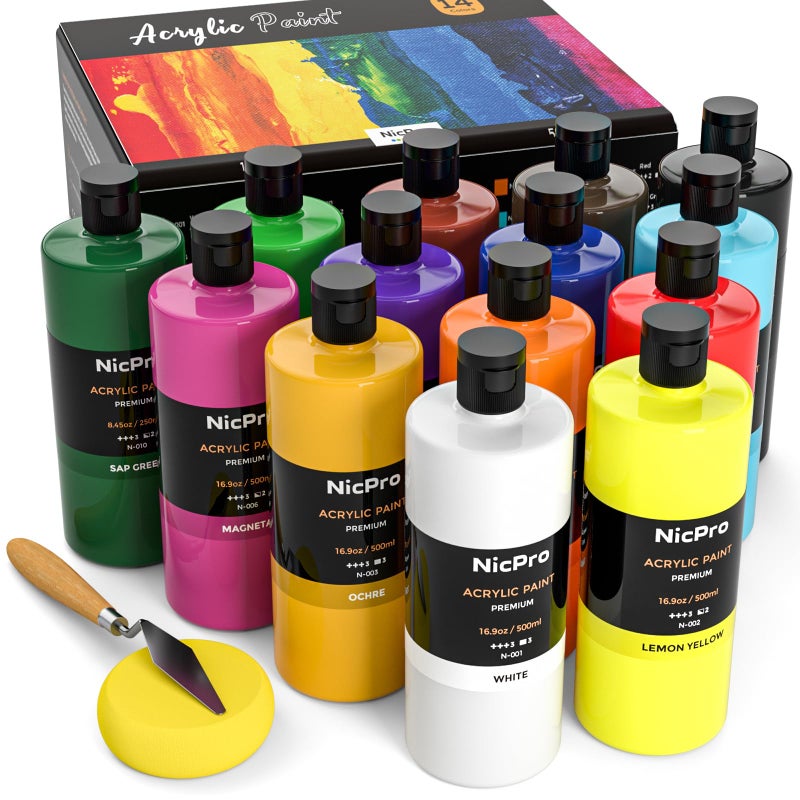 Nicpro 14 Colors Large Bulk Acrylic Paint Set 169 oz500 ml Rich Art Painting Supplies Non Toxic for Multi Surface Rock Canvas Wood Ceramic Leather Fabric Craft for Adult with Color Wheel