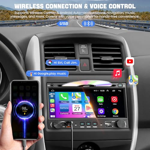 WOWiViD Double Din Car Stereo CD DVD Player with Wireless CarplayAndroid Auto 7 inch Car Radio 42Channel Audio Output Bluetooth Voice Control Mirror Link Backup Camera AMFM Radio TypeAC Subwoofer - Image 3