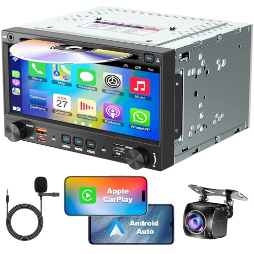 WOWiViD Double Din Car Stereo CD DVD Player with Wireless CarplayAndroid Auto 7 inch Car Radio 42Channel Audio Output Bluetooth Voice Control Mirror Link Backup Camera AMFM Radio TypeAC Subwoofer - Image 1