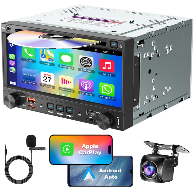 WOWiViD Double Din Car Stereo CD DVD Player with Wireless CarplayAndroid Auto 7 inch Car Radio 42Channel Audio Output Bluetooth Voice Control Mirror Link Backup Camera AMFM Radio TypeAC Subwoofer - Image 2
