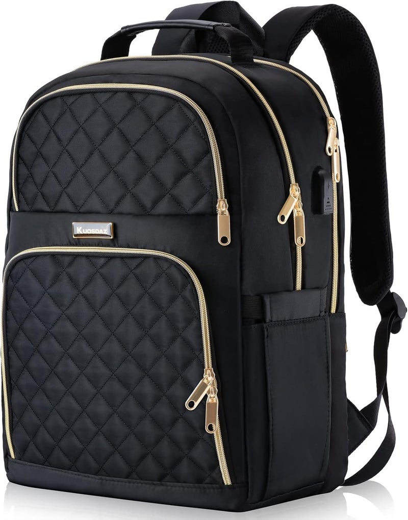 Kuosdaz Backpack for Women, Large School Backpack, Girls Bookbag with USB Charging Port, 17.3 Inch Work Travel Laptop Back Pack Purse Casual Daypacks, Black - Image 1