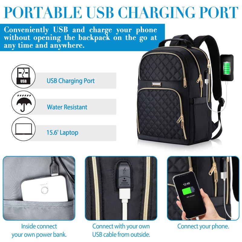Kuosdaz Backpack for Women, Large School Backpack, Girls Bookbag with USB Charging Port, 17.3 Inch Work Travel Laptop Back Pack Purse Casual Daypacks, Black - Image 3