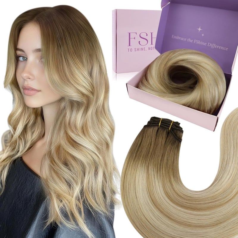 Fshine Sew in Extensions 22 Inch 100g Weft Hair Extensions Human Hair Medium Brown Fading To Honey Blonde And Blonde Double Weft Hair Extensions for Women