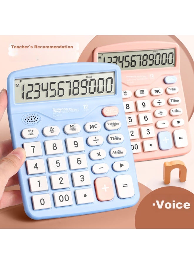 Sunwood 12-digit Universal Voice Calculator, حاسبة صوتية مكتبية عالمية، حساب ذهني للطلاب/المكتب، شاشة زرقاء، Ec-x837 - Image 1