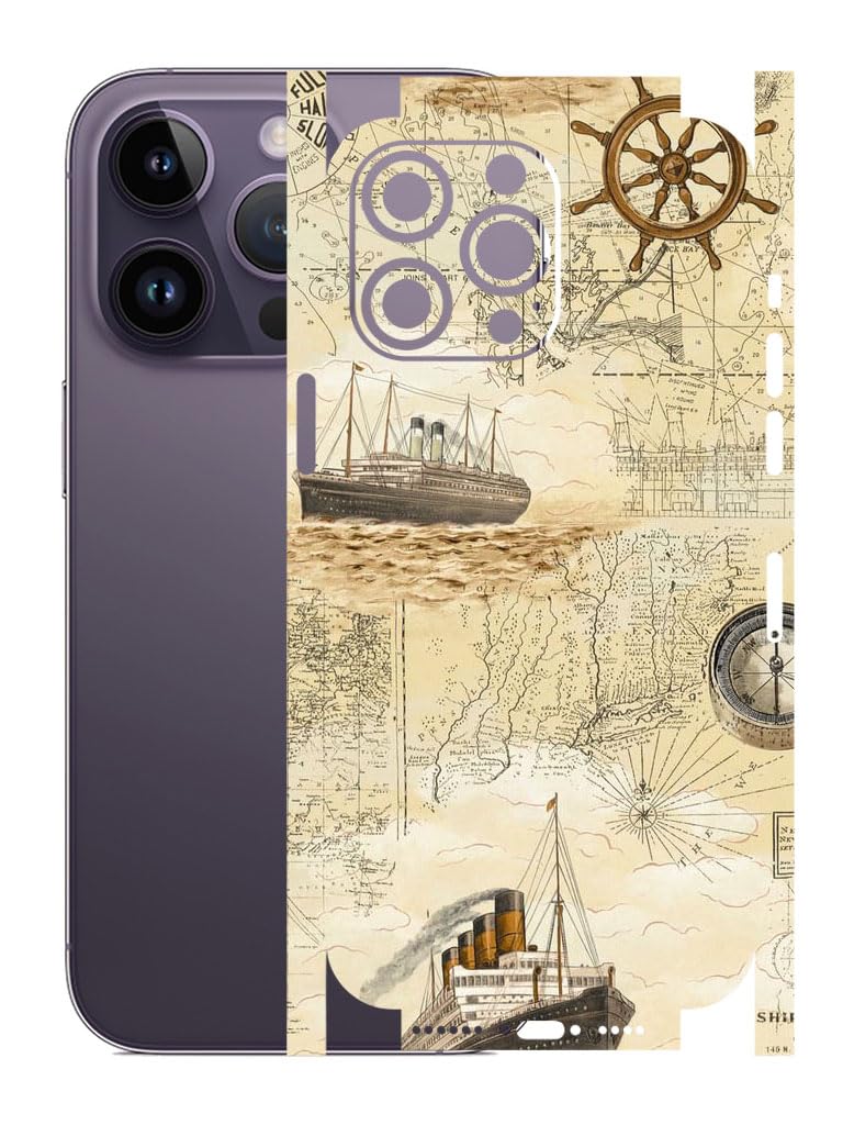 AtOdds - Full Body Back Screen Guard Protector Film - Lamination Wrap Skin Sticker for iPhone 14 Pro Max | Scratchproof Matte Finish (Design - Pirate Map) - Image 1