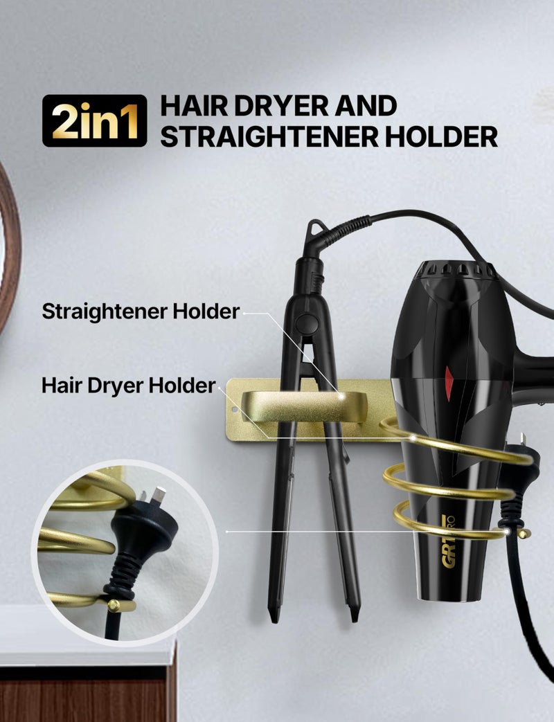 GRT PRO Hair Dryer Holder Hair Dryer and Straightener Holder Wall Mounted Hairdryer Holder Adhesive Straightener Holder Metal Hair dryer Stand With Cable Tidy Rack For Dressing Table Bathroom Barber Shops - Image 2