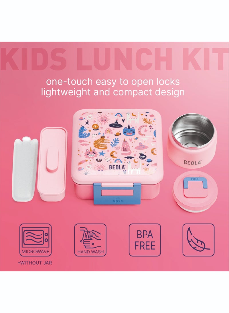 BEOLA Lunch Box for Kids with Food Jar Inside, Multi Compartment Bento Lunch Box with 240ml Food Thermos and Ice Pack, Tiffin Box for Kids with Insulated Steel Jar, Lightweight BPA free (Unicat Magic) - Image 5