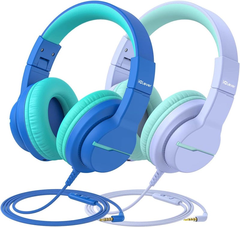 iClever Kids Headphones for School/Travel with Safe Volume 74/85dBA, HS19 Stereo Sound Over-Ear Headphones for Kids with Mic FunShare, Foldable 3.5mm Wired for iPad/Computer, 2 Pack - Image 1