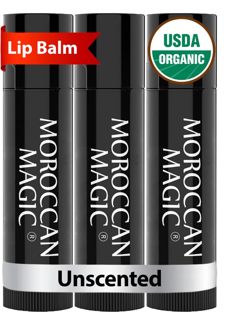 Moroccan Magic Organic Unscented Lip Balm 3 Pack | Ultra-Hydrating Argan Oil Lip Moisturizer + Vitamin E | Natural Chapstick for Dry Lips | Smooth, Non-Toxic | Organic Lip Balm - Image 1