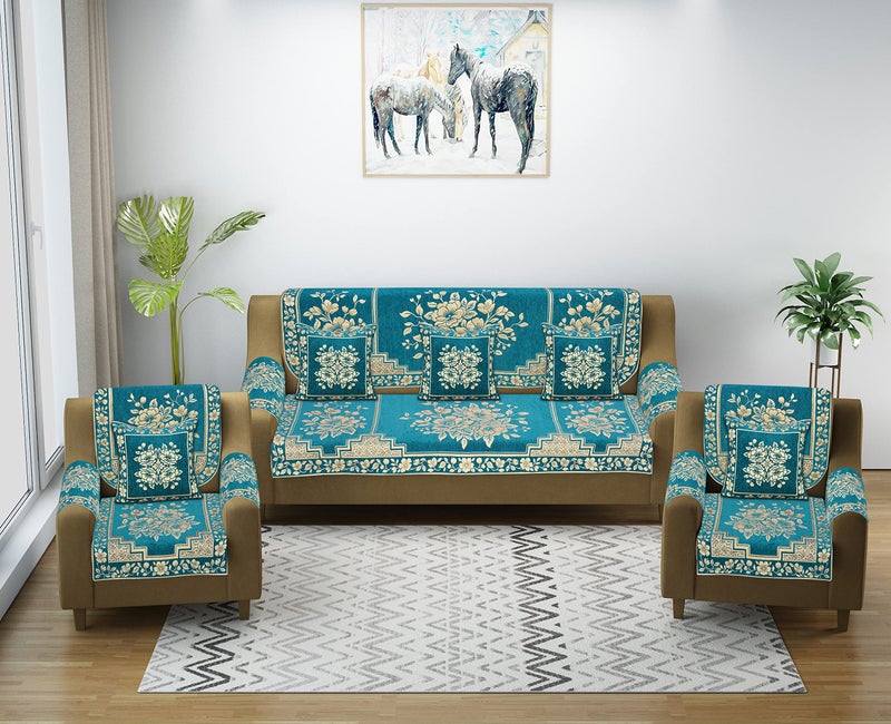 Dazzling DECOR Velvet Sofa Cover with Arm Cover and Cushion Covers Set of 5 Seater - Sofa Covers 3 Seater and 2 Seater Full Cover Set for Couch Seat - Heavy Fabric Sofa Slip Protector, 2702_Aqua - Image 5