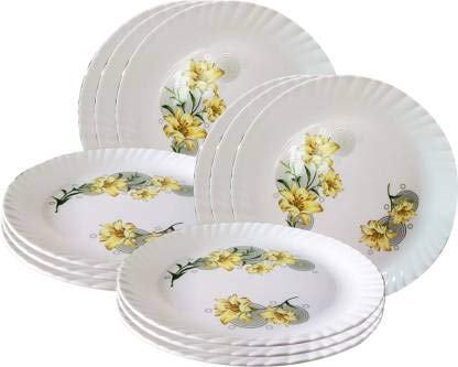 URMILA PLASTIC Unbreakable Plastic Flower Print Round Serving Dinner Plates Full Size Plate for Dining Table Home Kitchen Party Restaurant 12 Inches White Set of 12 - Image 1