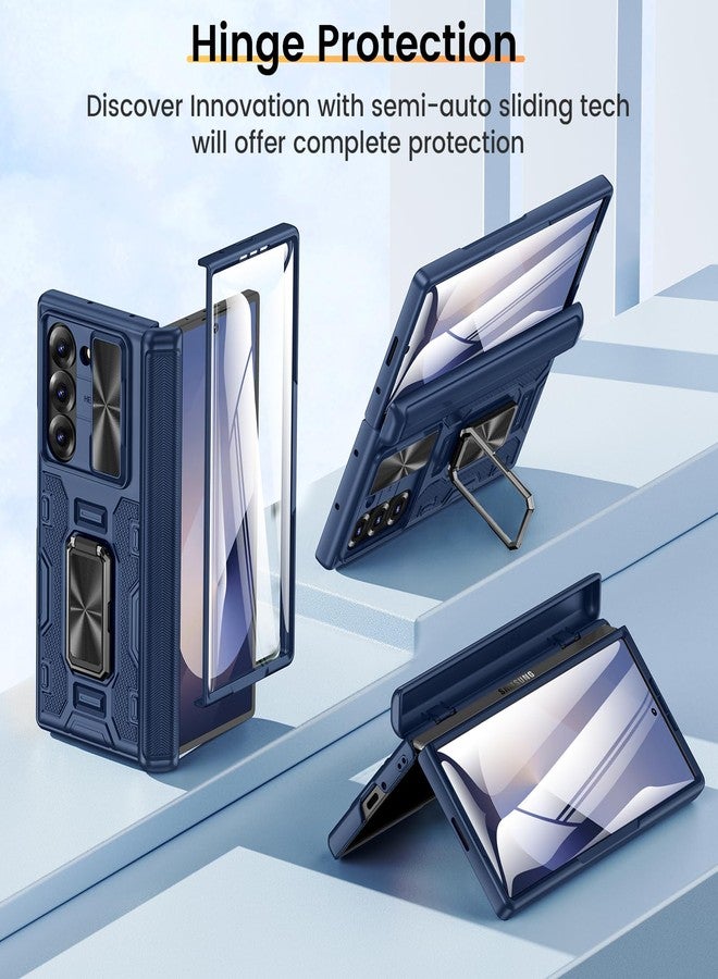 VEGO for Samsung Fold 6 Case with Slide Camera Cover & Hinge Protection, Screen Protector & Built-in 360° Magnetic Ring Stand, Shockproof Protective for Samsung Z Fold 6 5G 2024 - Blue - Image 3
