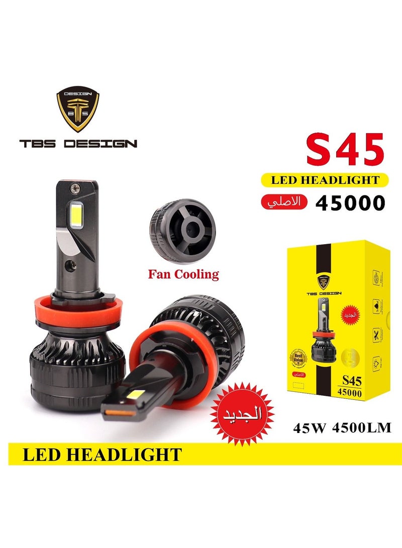 TBS DESIGN S45 H4 LED Headlight Bulbs 90W Original power with Color Temperature 6500K Lumes 90000LM Diamond White Headlamp Conversion Kit Plug and Play IP65 Waterproof 2 Pack