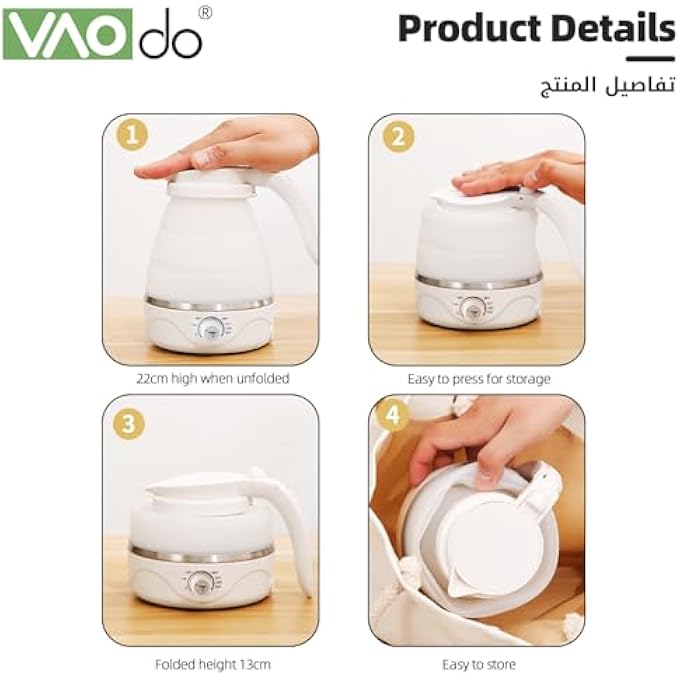 VAOdo Travel Foldable Electric Kettle Electric Kettle With Automatic Heat Preservation Function With Foldable Water Cup*1 Storage Bag*1 Descaler*1 For Hiking Camping Indoors 600Ml - Image 2