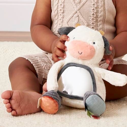 Itzy Ritzy Sensory Tummy Time Toy Mirror - Features Crinkle & Jingle Sounds, Multiple Textures and Mirror for Self-Discovery, Infant Toy for Ages 0 Months and Up, Cow - Image 4
