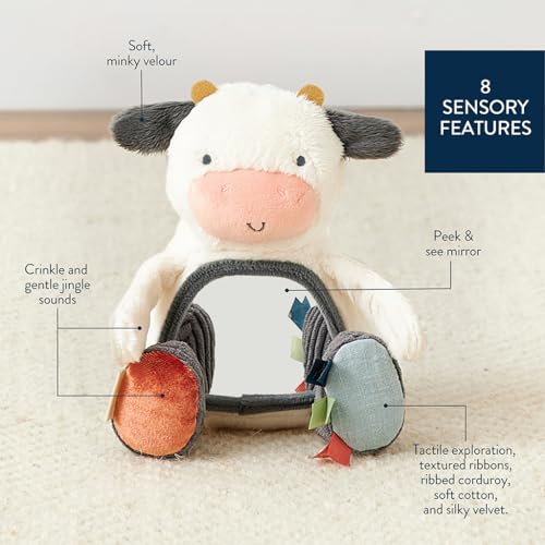 Itzy Ritzy Sensory Tummy Time Toy Mirror - Features Crinkle & Jingle Sounds, Multiple Textures and Mirror for Self-Discovery, Infant Toy for Ages 0 Months and Up, Cow - Image 5