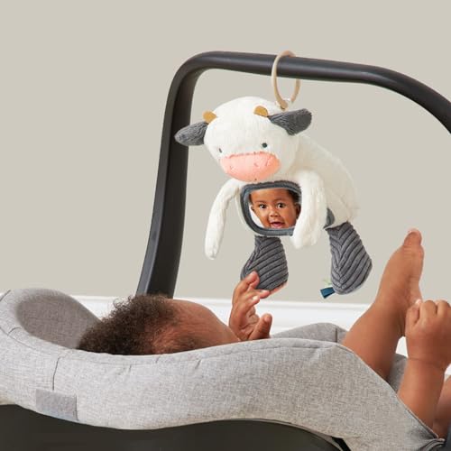 Itzy Ritzy Sensory Tummy Time Toy Mirror - Features Crinkle & Jingle Sounds, Multiple Textures and Mirror for Self-Discovery, Infant Toy for Ages 0 Months and Up, Cow - Image 3