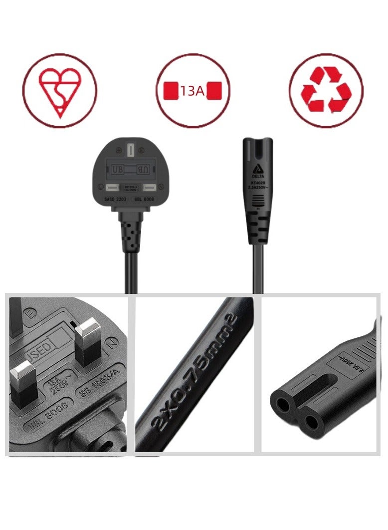 Beauenty 2-pin AC power cord, AC wall plug 13A figure 8 power cord - Image 2