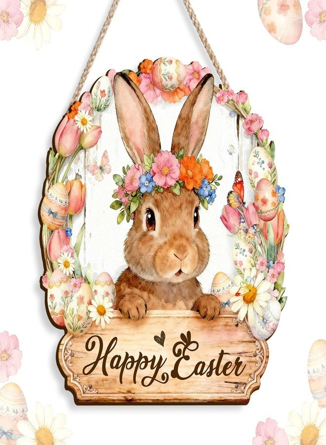 Pigort Wooden Easter Decoration Door Wreath for Front Door Sign Wall Signs Rabbit Spring Decoration, Hollow Bunny Sign Flower Egg Welcome Hanging for Home Wall Decor Party Outdoor indoor - Image 1
