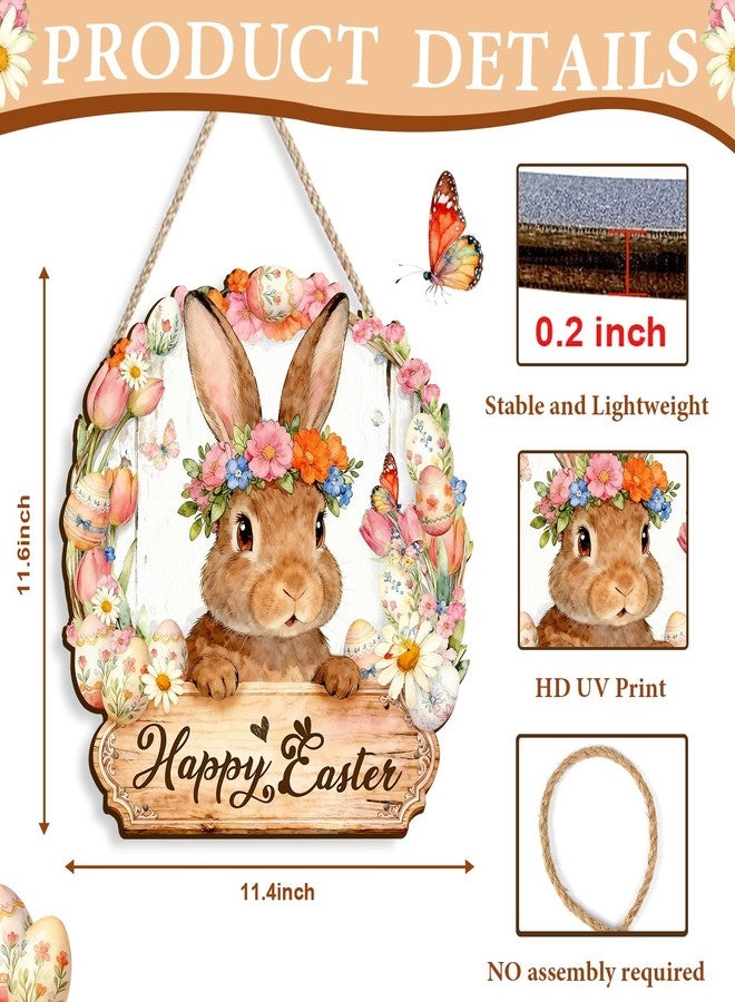 Pigort Wooden Easter Decoration Door Wreath for Front Door Sign Wall Signs Rabbit Spring Decoration, Hollow Bunny Sign Flower Egg Welcome Hanging for Home Wall Decor Party Outdoor indoor - Image 2