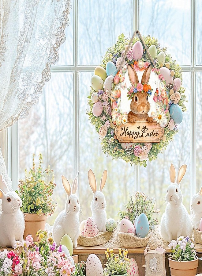 Pigort Wooden Easter Decoration Door Wreath for Front Door Sign Wall Signs Rabbit Spring Decoration, Hollow Bunny Sign Flower Egg Welcome Hanging for Home Wall Decor Party Outdoor indoor - Image 4