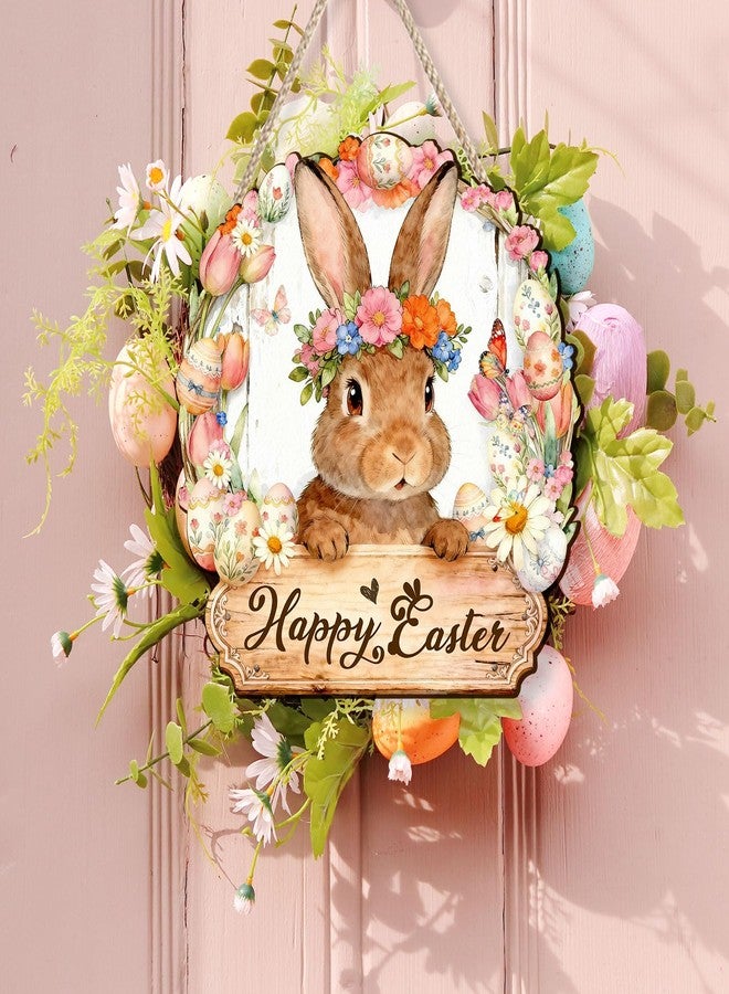 Pigort Wooden Easter Decoration Door Wreath for Front Door Sign Wall Signs Rabbit Spring Decoration, Hollow Bunny Sign Flower Egg Welcome Hanging for Home Wall Decor Party Outdoor indoor - Image 3