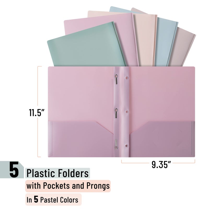 Mr. Pen- Plastic Folders with Pockets and Prong, 5 Pack, Muted Pastel Colors, Pocket Folders, File Fasteners, 2 Folder, Two - Image 2