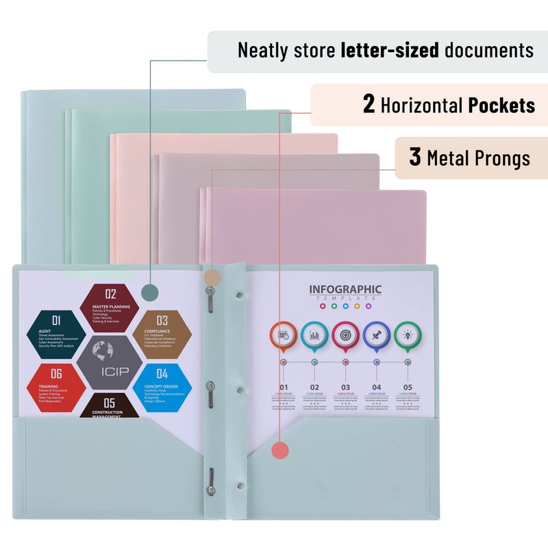 Mr. Pen- Plastic Folders with Pockets and Prong, 5 Pack, Muted Pastel Colors, Pocket Folders, File Fasteners, 2 Folder, Two - Image 3