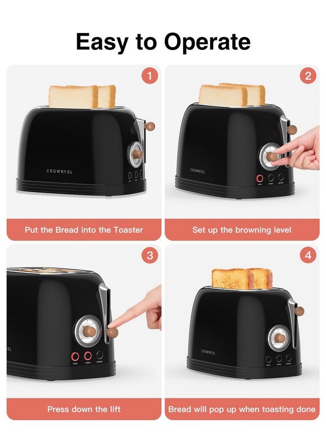Crownful CROWNFUL 2-Slice Toaster, Extra Wide Slots Toaster, Retro Stainless Steel with Bagel, Cancel, Defrost, Reheat Function and 6-Shade Settings, Removal Crumb Tray, Black  - Image 5