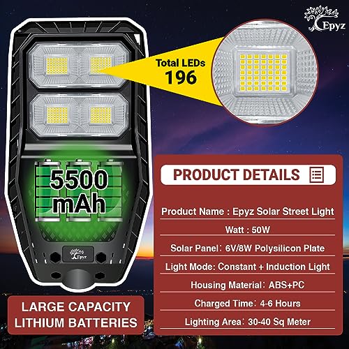 Epyz Plastic 50Watt Solar Street Light Outdoor Waterproof With Motion Sensor Light And Dusk To Dawn For Garden, Street, Lawn, Pathway [ With Out Pole ] [ Pack Of 1, Warm Yellow, 196LED ] - Image 5