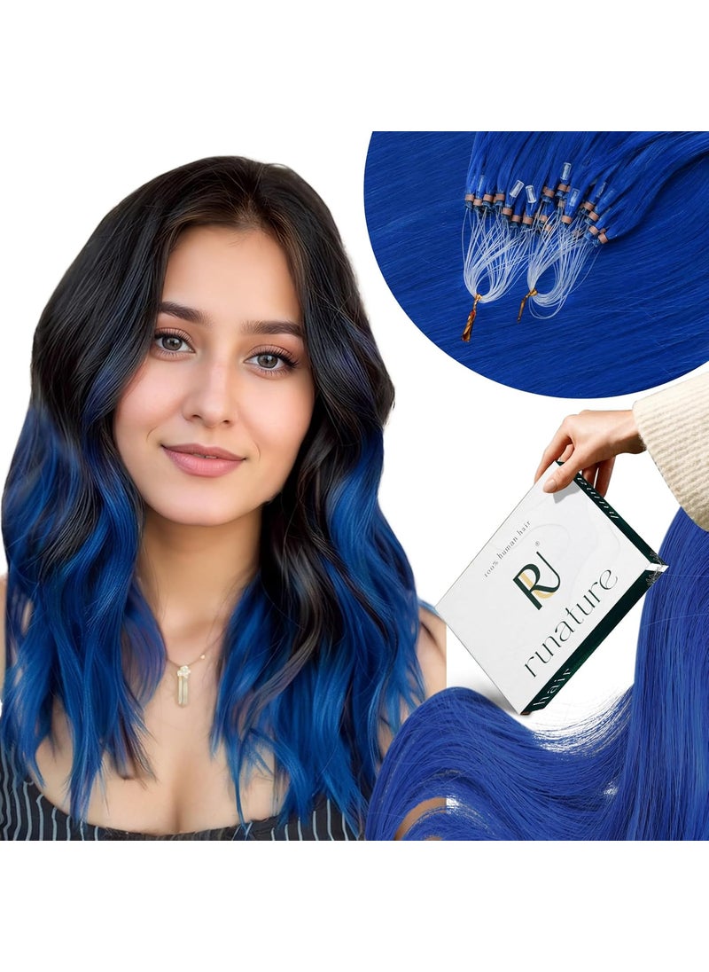 RUNATURE RUNATURE Micro Bead Hair Extensions Real Human Hair Blue Hair Extensions with Micro Ring 16 Inch 25g 25s Microlink Human Hair Extensions Blue Pre Bonded Micro Loop Extensions 