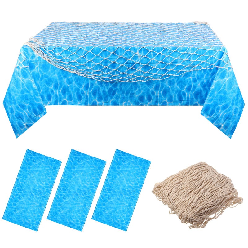 Tegeme 4 Pcs Fish Net Decorative and Ocean Waves Tablecloth Set 1 Cotton Fishnet and 3 Plastic Water Print Table Cover for Nautical Theme Pirate Hawaiian Underwater Beach Ocean  Mermaid Party