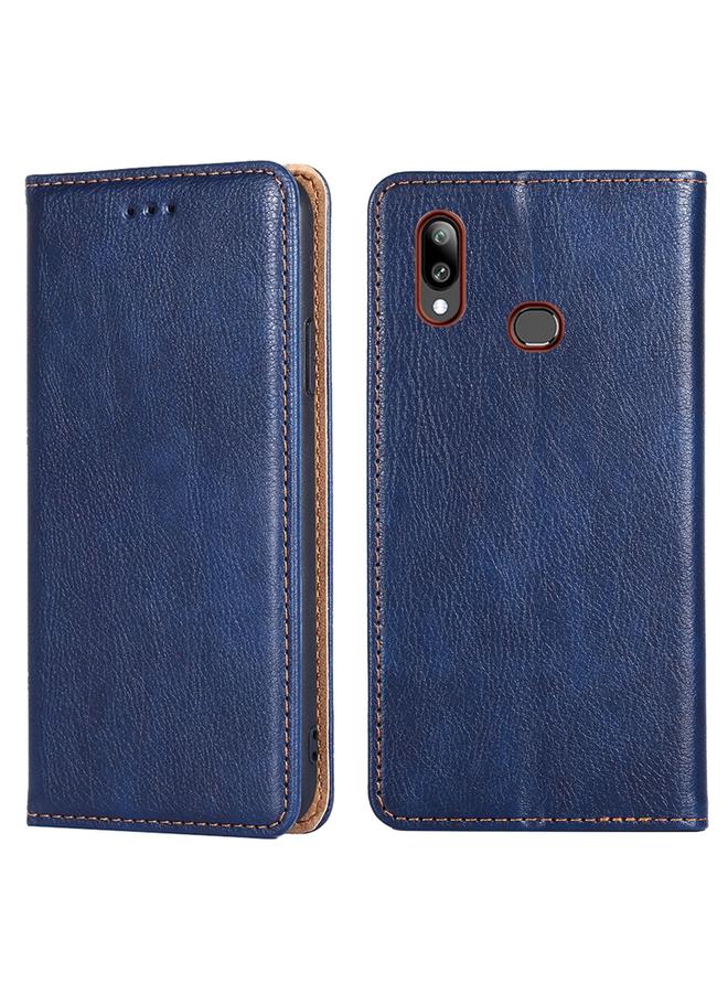 اس-توب جراب لهاتف Samsung Galaxy A10s مصنوع من جلد البولي يوريثان الحراري اللامع بلون سادة مع حامل وفتحة للبطاقات ومحفظة. - Image 1