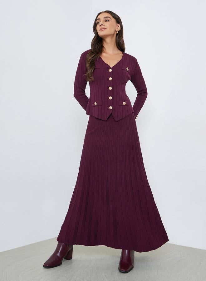 Styli Burgundy Knit Cardigan and Pleated Skirt Co-ords - Image 1