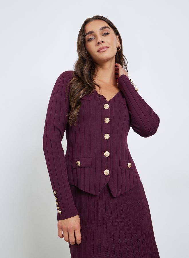 Styli Burgundy Knit Cardigan and Pleated Skirt Co-ords - Image 2