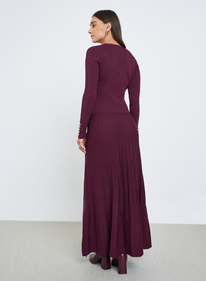 Styli Burgundy Knit Cardigan and Pleated Skirt Co-ords - Image 5