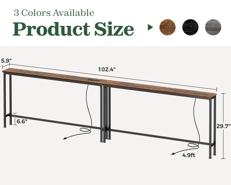SUPERJARE 102.4 Inch Sofa Table with Power Outlets and USB-C Ports, 5.9 Inch Narrow Console Tables, Entryway Hallway Couch Tables with Storage, Behind Sofa, Small Spaces, Living Room, Rustic Brown - Image 3