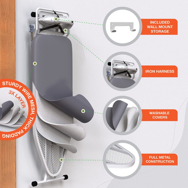 Xabitat Full Size Ironing Board 57" X 18" with Wall Mount Hanger, Full Metal Construction Iron Board, Built in Iron Caddy, Heat & Scorch Resistant Fabric, Cord Holder, Anti-Skid Feet, Heavy Duty - Image 4