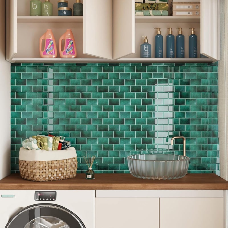 CRE8TIVE 4 Sheets Green Subway Tile Peel and Stick Backsplash for Kitchen Wall 12"x12" 3D Stone Wall Tiles Adhesive Stick on Backsplash Peel and Stick Shower Tile Waterproof for Bathroom Laundry Room - Image 4