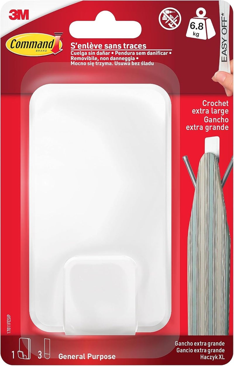 Command Utility Hook, X-Large for Heavyweight - 1 Hook in White and 3 Adhesive Strips for Indoor and Other Items up to 6.8 kg - No Nails, No Holes, No Drilling - Image 1