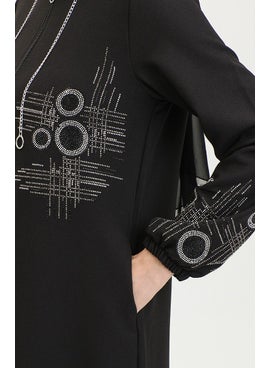 Sefa Merve Stone Printed Zippered Evening Cape 0411-04 Black  - Image 5