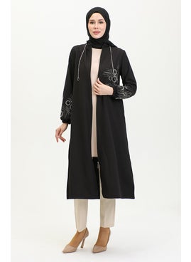 Sefa Merve Stone Printed Zippered Evening Cape 0411-04 Black  - Image 1
