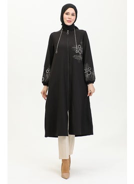 Sefa Merve Stone Printed Zippered Evening Cape 0411-04 Black  - Image 2