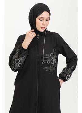Sefa Merve Stone Printed Zippered Evening Cape 0411-04 Black  - Image 4