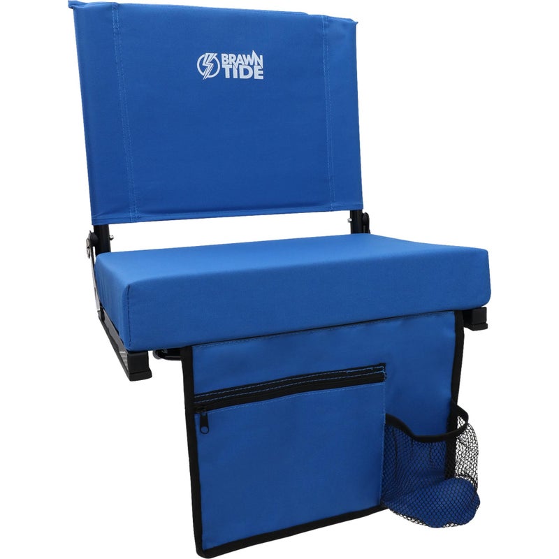 BRAWNTIDE Stadium Seat with Back Support - Extra Thick Cushion, Ideal Stadium Chair for Bleachers, Sporting Events, Light, 2 Bleacher Hooks, Shoulder Strap, 3 Storage Pockets (Blue, 1 Pack)