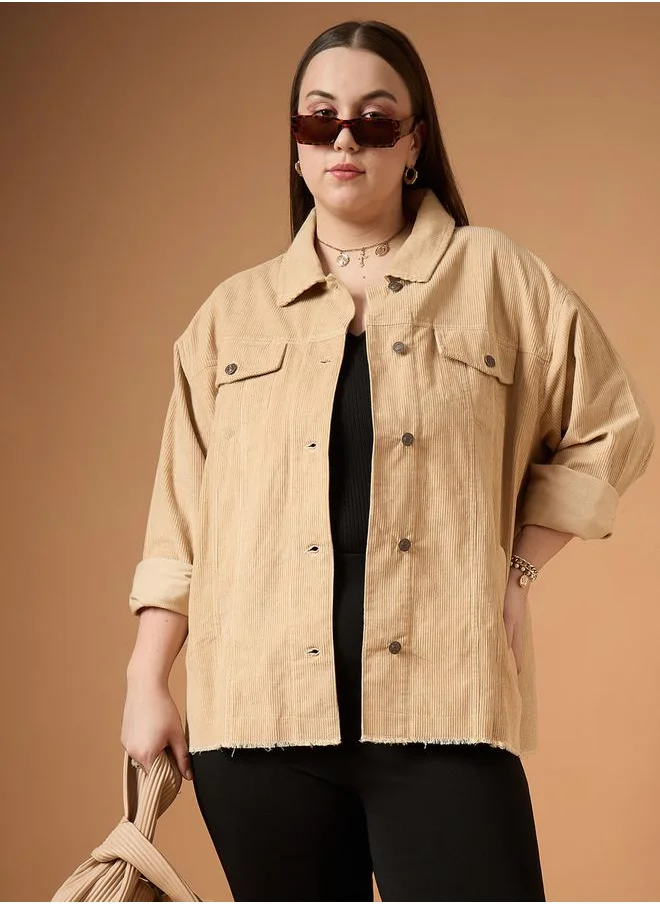 ساسافراس Plus Size Corduroy Front Button Shacket with Pocket Detail