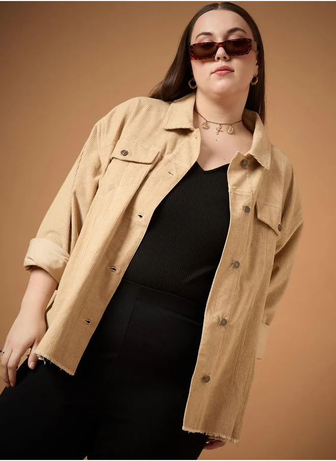 SASSAFRAS Plus Size Corduroy Front Button Shacket with Pocket Detail